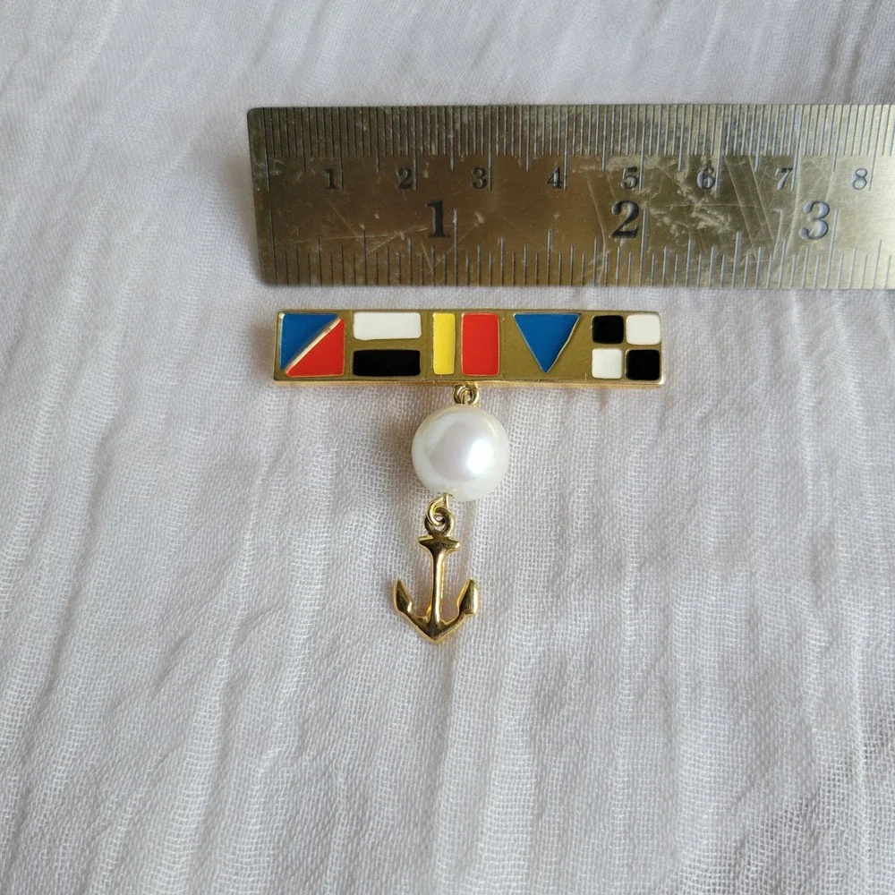 Vintage 1990s Marvella Nautical Enamel Bar Brooch Gold Pearl Anchor Pin